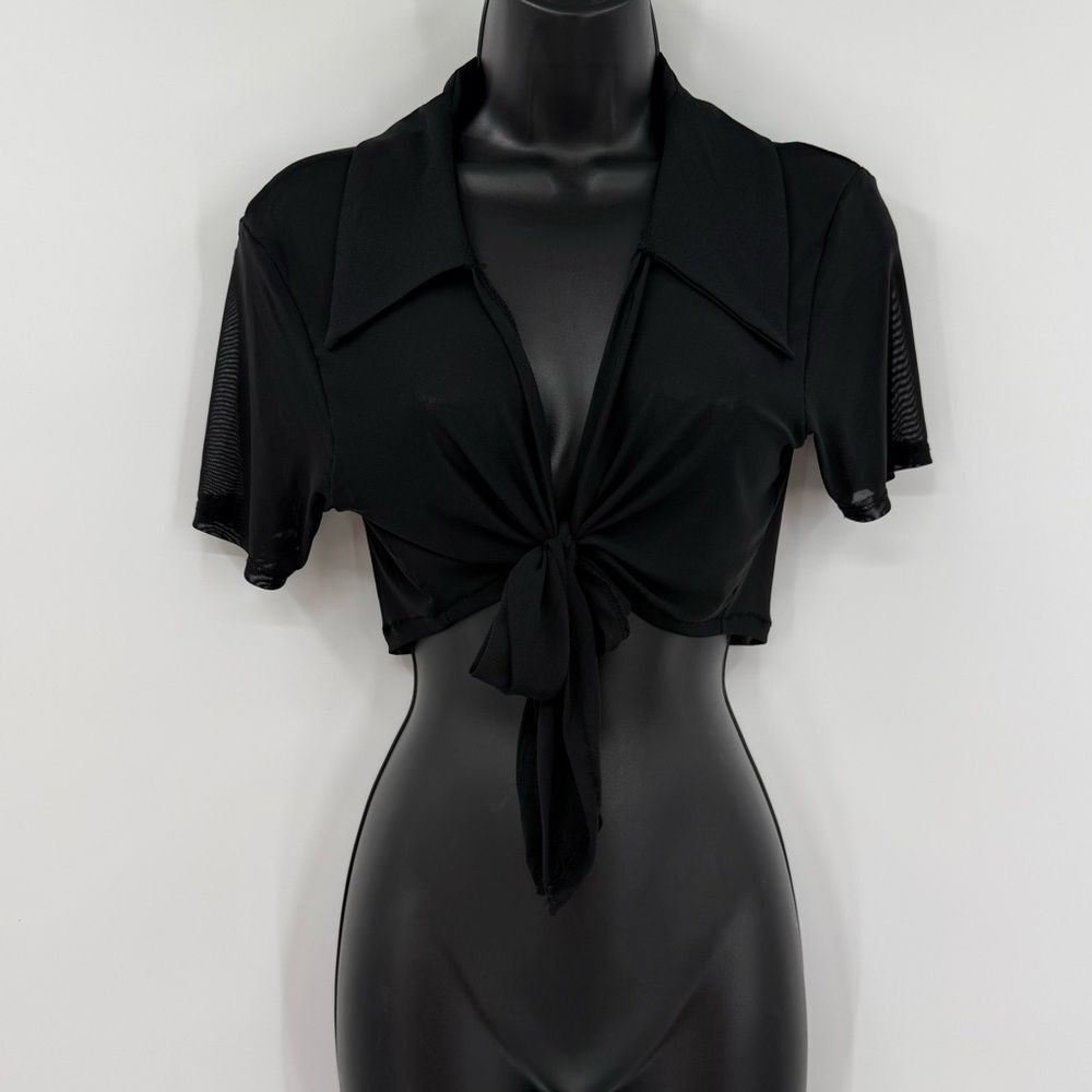 WeWoreWhat Mesh Tie Front Crop Top in Black | Size Medium